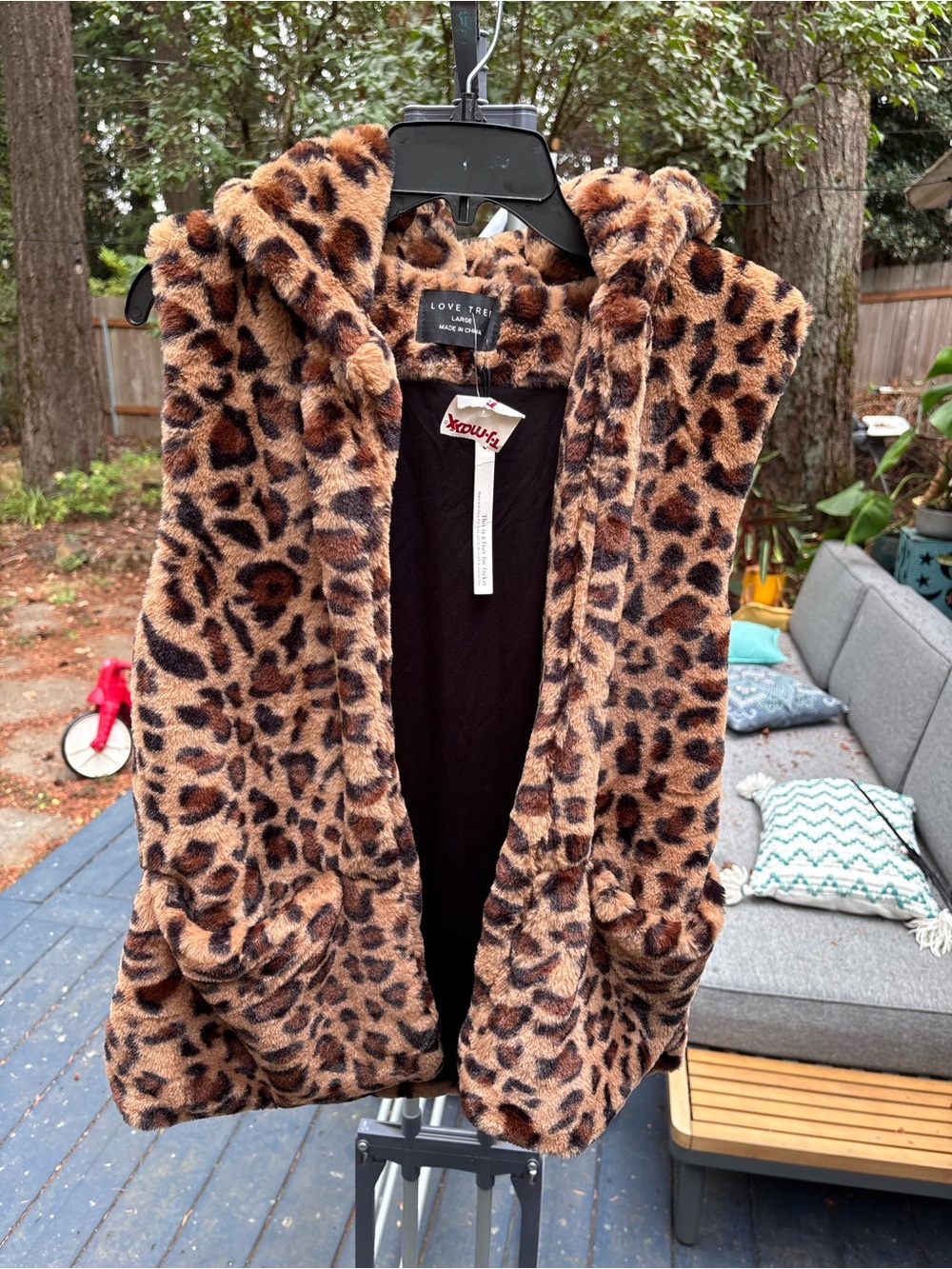 Love Tree Faux Fur Leopard Hooded Vest - Brown